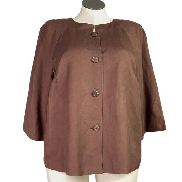 Coldwater Creek Jacket Women 18W Brown Denim Linen Blend Lined 3/4 Sleeve Blazer - Picture 1 of 7